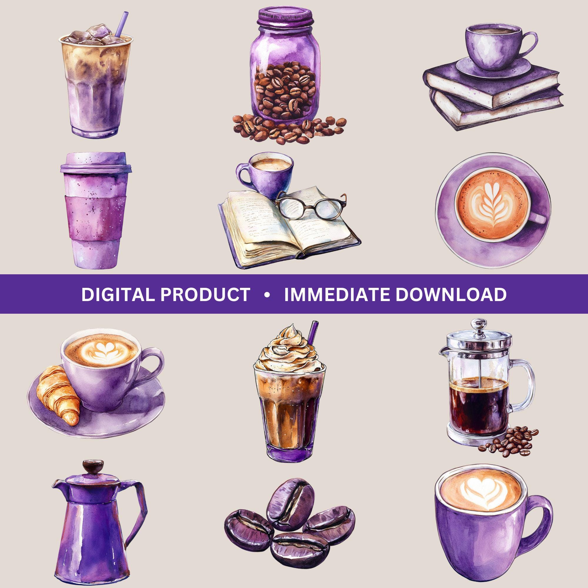 Purple Coffee Clipart Bundle, 12 Watercolor Coffee Designs, Coffee ...