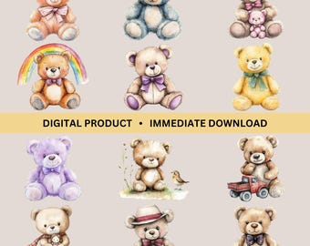 Clipartbundel aquarel teddybeer – schattige png-bestanden voor de kinderkamer (digitale download)