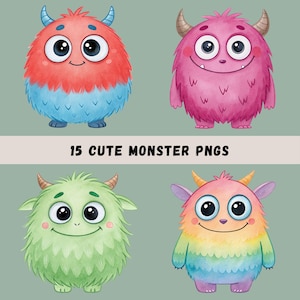 Cute Monsters Clipart, 15 Watercolor Monsters, Kids&#39; Clip Art, Printable Wall Art, Monster Sublimation, Funny Characters, Transparent PNGs