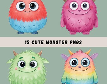 Cute Monsters Clipart, 15 Watercolor Monsters, Kids' Clip Art, Printable Wall Art, Monster Sublimation, Funny Characters, Transparent PNGs