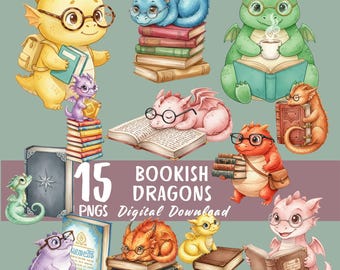 Puede incluir: Una descarga digital con 15 ilustraciones en acuarela de dragones eruditos. Los dragones son de varios colores, llevan gafas e interactúan con libros. También se incluye el texto "Bookish Dragons" y "Digital Download".