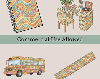 Groovy Teacher Clipart Bundle, Watercolor Retro Classroom Graphics (PNG)