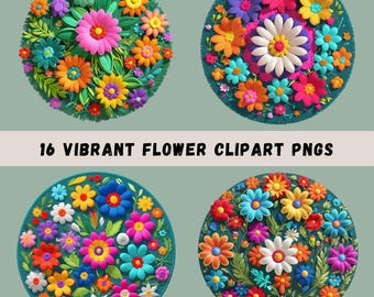 Mexican Flowers Clipart Bundle, 16 Fiesta Floral PNGs, Flower Sublimation, Spring Blossoms, T-shirt Illustrations, Transparent PNGs