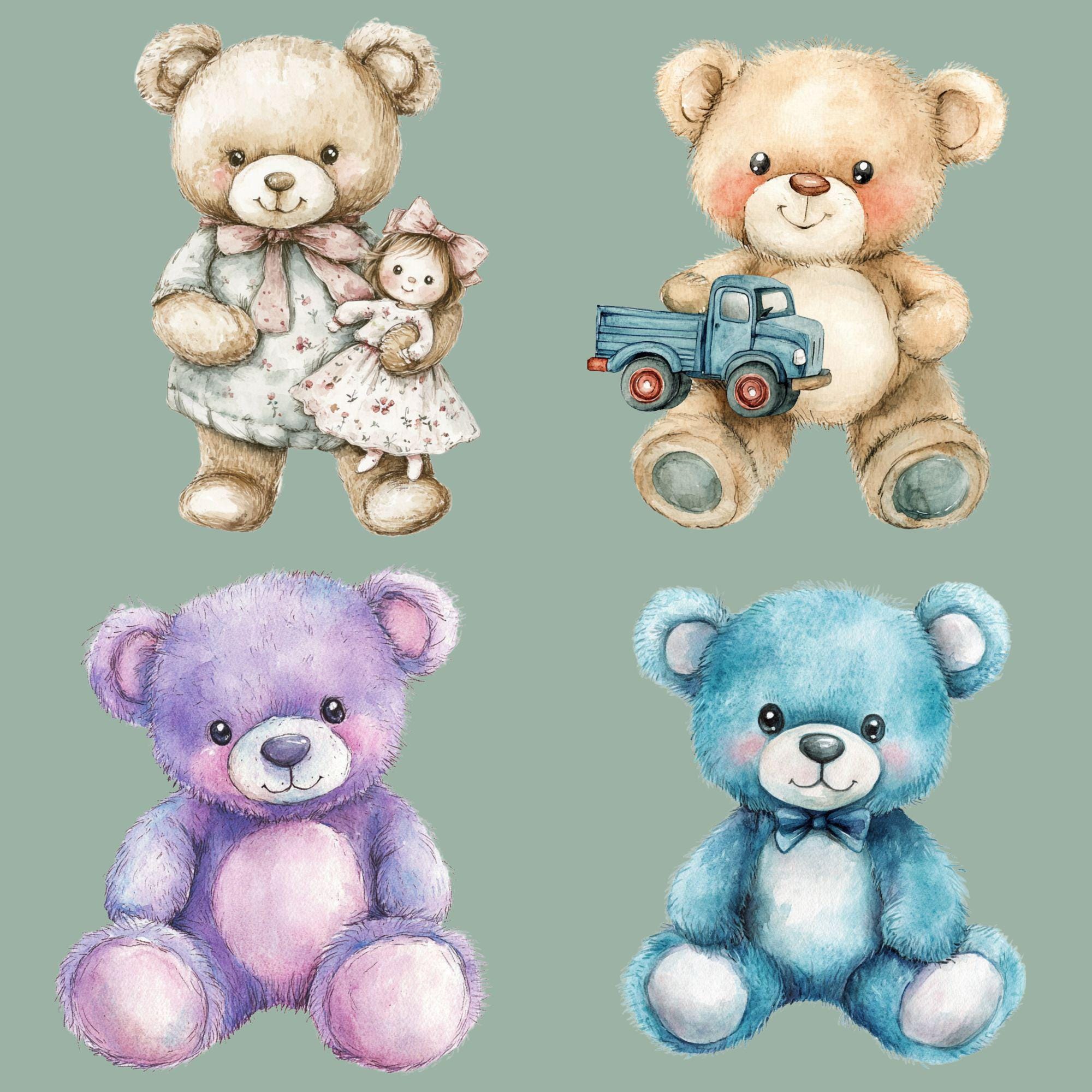 Watercolor Teddy Bear Bundle, 12 Cute Bear Clipart PNGs, Nursery