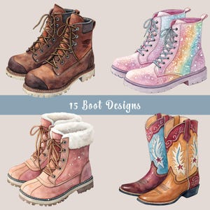 Pacchetto di clipart PNG di stivali, 15 disegni di stivali ad acquerello, stivali da cowboy, scarponi da trekking, stivali militari, stivali da pompiere, PNG trasparenti