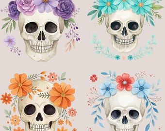 Floral Skull Sublimation PNGs, 12 Watercolor Skulls, Flower Skull Graphics, Floral Skull Sublimation, T-shirt Design, Transparent PNGs