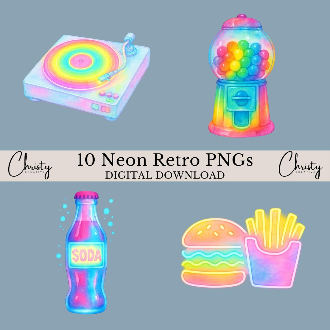 Neon Retro Clipart Bundle, 10 Watercolor Vintage Neon, Card Making ...