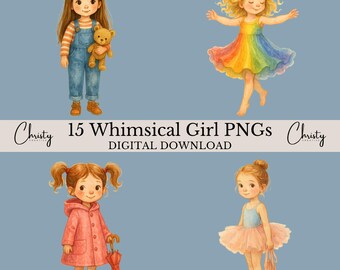 Whimsical Girl Clipart PNGs, 15 Watercolor Girls, Girls Room Decor, Funny Little Girls, Quirky, Scrapbooking, Crafting Art, Transparent PNGs