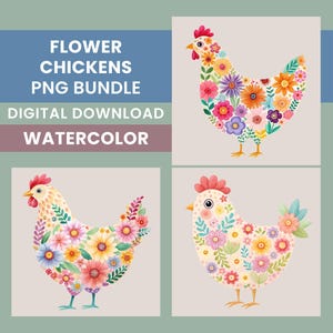 Floral Chicken Clipart Bundle, 15 Watercolor Chicken Designs, Flower Chicken Sublimation, Country Farmhouse Decor, Transparent PNGs