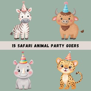 Safari Animals Party Clipart, 15 Watercolor Safari Animals, Birthday Invitation Art, Nursery Decor,  Safari Sublimation, Transparent PNGs