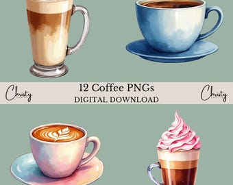 Coffee Clipart PNGs, 12 Watercolor Coffee Illustrations, Coffee Lovers, Coffee Shop Art, Latte, Espresso, Iced Coffee Designs, Transparent