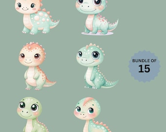 Baby Dinosaurs Clipart Bundle, 15 Cute Dinosaur Designs, Dinosaur Sublimation, Nursery Decor, Kid's Clip Art, Dinosaur Set, Transparent PNGs
