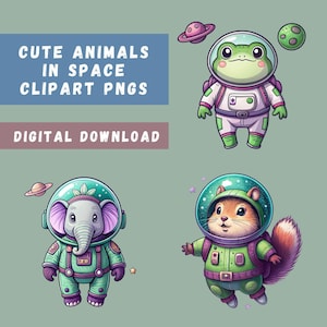 Space Animals Clipart Bundle, 15 Animals in Space, Clip Art for Kids, Nursery Wall Decor, Animal Sublimation, Transparent PNGs