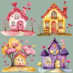 Valentine Houses Clipart Bundle, 12 Watercolor Homes, House Sublimation, Cottagecore Clip Art, Valentine&#39;s Day Art, Transparent PNGs