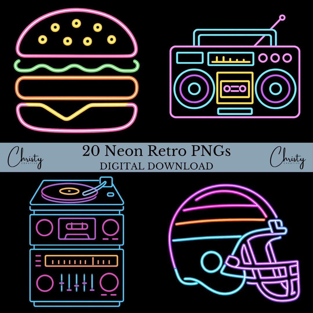 Neon Retro Clipart Pngs, 20 Cool Neon Elements, Card Making, Crafting ...