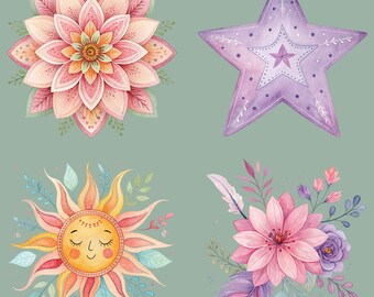 Boho Watercolor Clipart Bundle, 12 Boho Element Graphics, Dreamcatcher Wall Art, Junk Journal Art, T-Shirt Designs, Boho PNGs