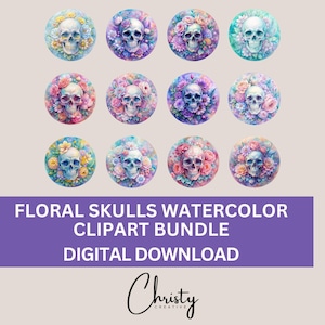 Skull Sublimation Bundle, 12 Watercolor Skulls, Flower Skull Clipart, Gothic Clip Art, Skull PNG Designs, Sticker Designs, Transparent PNGs