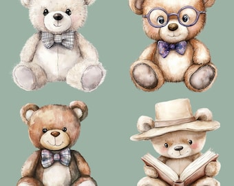 Aquarel teddybeerbundel, 12 schattige beer clipart-png's, kinderkamerbeerillustraties, transparante babydierenafbeeldingen voor ambachten, berenkunst