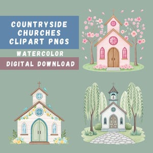Pacote de clipart de igrejas rurais – 15 ilustrações de igrejas em aquarela – PNGs de capelas rústicas – Arte de sublimação de primavera e outono baseada na fé