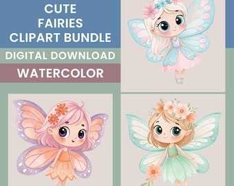 Cute Fairy Clipart Bundle, 15 Watercolor Fairy Designs, Whimsical Images, Scrapbook Graphics, Girl Nursery Decor, Transparent PNGs