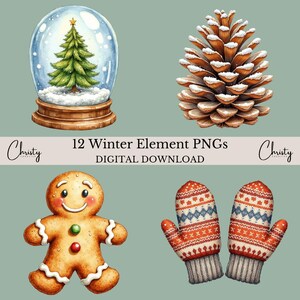 Può includere: Grafica scaricabile digitalmente con elementi invernali. Include una palla di neve con un albero di Natale, una pigna, un omino di pan di zenzero e un paio di guanti. Il testo recita "12 Winter Element PNGs DIGITAL DOWNLOAD".