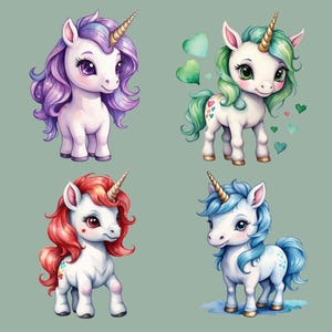 Unicorn Clipart Bundle, 12 Watercolor Unicorns, Kids&#39; Clip Art, Birthday Invitations, Colorful Unicorn Ponies, Nursery Art, Transparent PNGs