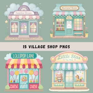 Dorfläden Clipart-Bundle, 15 Aquarell-Gebäude, Crafty Sublimation, Pastell-Gebäude-Illustrationen, Laden-Grenze, transparente PNGs