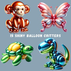 Balloon Animal PNG Bundle, 15 Shiny Critters Balloons, Balloon Sublimation, Dinosaur, Giraffe, Kids Room Decor, Scrapbook, Transparent PNGs