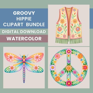 Groovy Hippie Clipart Bundle, 15 Watercolor Hippie Designs, Psychedelic Hippie Illustrations, Boho Graphics, Hippie Transparent PNGs