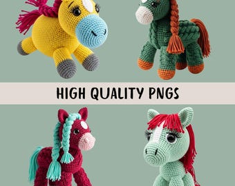 Bundle de clipart chevaux en faux fil, 15 motifs au crochet d'animaux de la ferme, travaux manuels, sublimation, PNG transparents, pas un motif