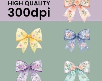 Pacchetto PNG di fiocchi floreali e civettuoli, 15 illustrazioni di fiocchi ad acquerello, fiocchi per sublimazione, disegni per magliette, clipart floreali, PNG trasparenti