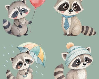 Watercolor Raccoon Clipart Bundle, 12 Woodland Raccoon Designs, Raccoon Clip Art, Nursery Wall Art, Cute Raccoon Graphics, Transparent PNGs