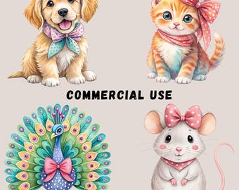 Farm Animals Clipart Bundle, 15 Watercolor Coquette Style Animals, Nursery Illustrations
