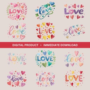 LOVE Quotes Clipart Bundle, 12 Watercolor LOVE PNGs, Lovers Clip Art, Love Quotes, LOVE Graphics, Valentine&#39;s Sublimation, Transparent PNGs