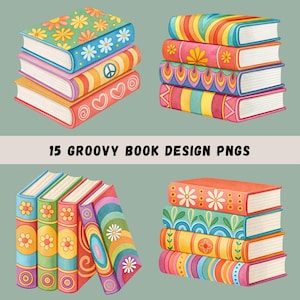 Pacote de clipart Groovy Books, 15 livros em estilo retrô com aquarela, sublimação de livros, amante de livros, design de canecas, gráficos para camisetas, PNGs transparentes