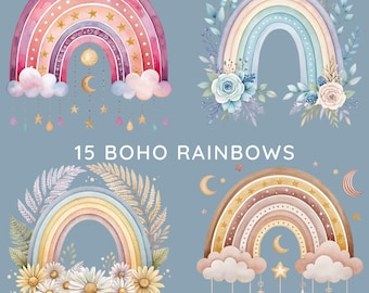 Boho Rainbows PNG Bundle, 15 Watercolor Rainbows, Floral Rainbow Designs, Boho Wall Art, Sublimation Rainbows, Flowers, Transparent PNGs