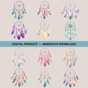 Dreamcatcher Bundle, 12 Akwareli Dreamcatcher Designs, Boho Clipart, Dreamcatcher Clip Art, Junk Journal Art, Tshirt Design, Boho, Feather