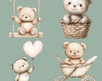 Bundel neutrale berenkwekerij, 12 schattige beer aquarel ontwerpen, kinderkamer beer clipart, schattige beer graphics, beer illustraties, transparante png