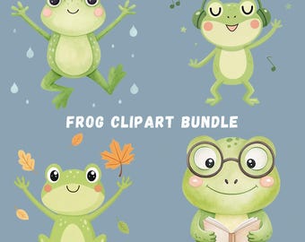 Paquete de imágenes prediseñadas de ranas de acuarela, adorables PNG para guardería (descarga digital)