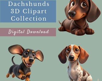ダックスフントのクリップアート集、3Dダックスフント15匹、犬の昇華