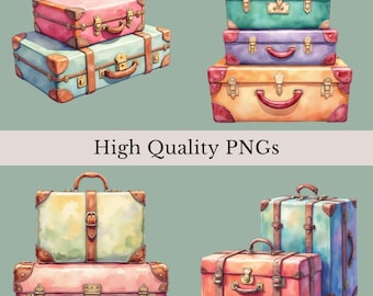 Antique Suitcases Clipart Bundle, 12 Watercolor Travel Graphics, Retro Suitcase Sublimation, Luggage Clip Art, Vacation, Transparent PNGs