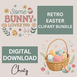 Retro Easter Clipart Bundle, 12 Retro Easter Designs, Easter Bunny, Easter Eggs, Easter Quotes, Easter Graphics, Transparent PNGs