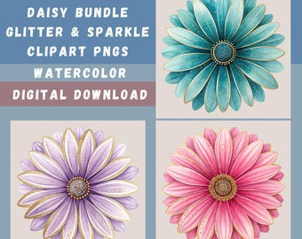 Paquete de imágenes prediseñadas de margaritas con purpurina en acuarela, gráficos PNG florales (descarga digital)