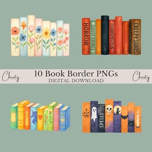 Book Borders PNG Clipart, 10 Watercolor Book Designs, Teacher Images, Library Wall Art, Printable, Bookshelf Clipart, Transparent PNGs