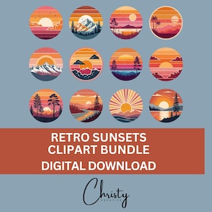 Retro Sunsets Clipart Bundle, 12 Sunset Retro Graphics, Sunset Lovers Graphics, Sun Clipart, Sunset PNGs, Retro Sunset PNG Bundle
