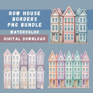 May include: A set of watercolor illustrations of row houses, perfect for creating borders or adding a touch of charm to your designs. The illustrations are available as PNG files and are perfect for digital download.