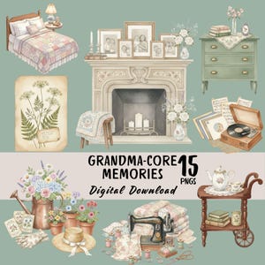 Może przedstawiać: Akwarelowa ilustracja wnętrza w stylu vintage z łóżkiem, kominkiem i komodą. Inne elementy to maszyna do szycia, gramofon i wózek do herbaty. Tekst brzmi "GRANDMA-CORE MEMORIES Digital Download 15 PNGs."