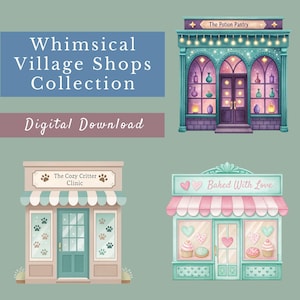 Dorfläden Clipart-Bundle - 15 wunderliche Aquarell Storefront PNGs - Small Business Grafiken für Journals & Sublimation - Transparent
