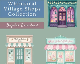 Village Shops Clipart Bundle – 15 Whimsical Watercolor Storefront PNGs – Small Business Graphics for Journals & Sublimation - Transparent