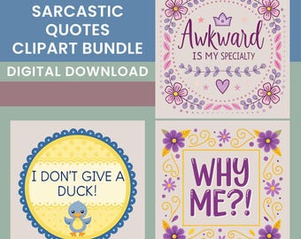 Sarcastic Quotes Clipart Bundle, 15 Sarcastic Sayings, Funny Words, T-shirt Designs, Scrapbook, Crafters, Digital Stickers, Transparent PNGs